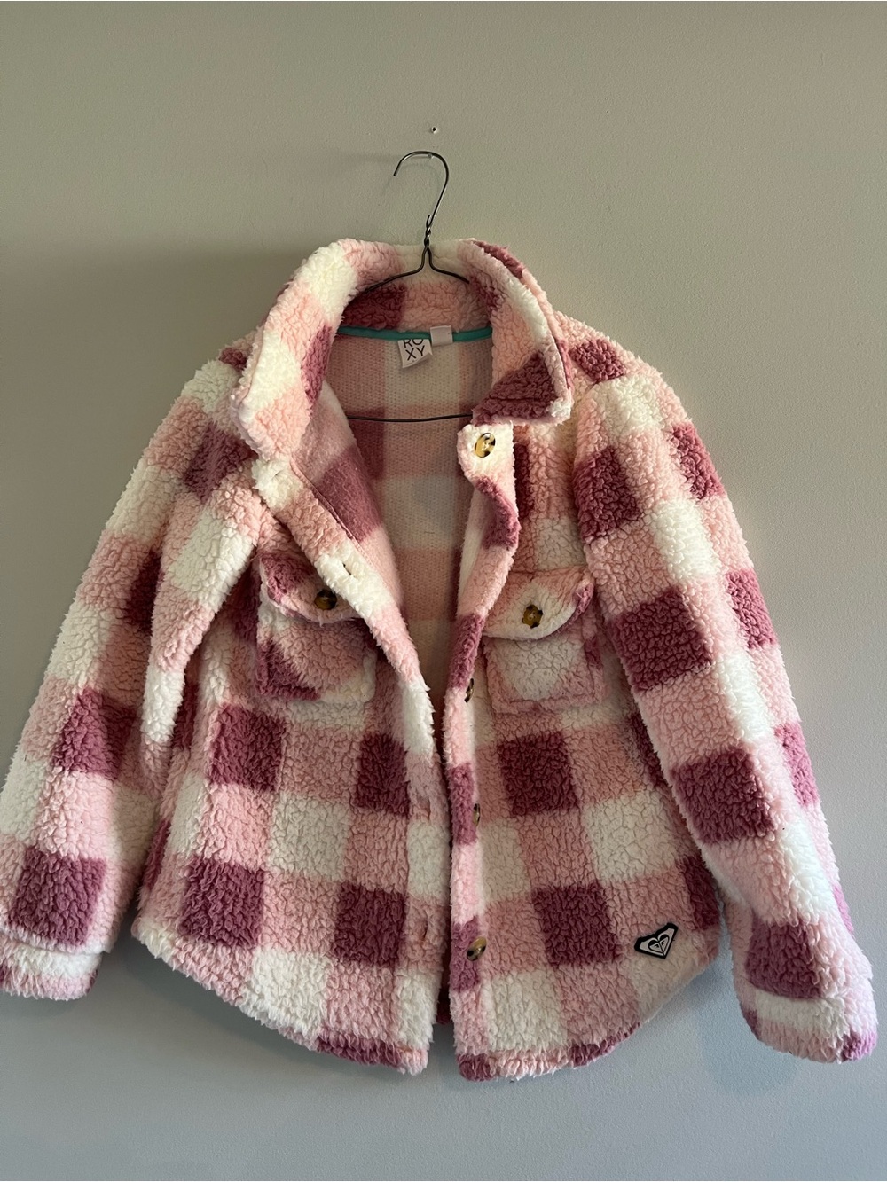 Roxy Girls' Pink and Cream Check Sherpa Shacket